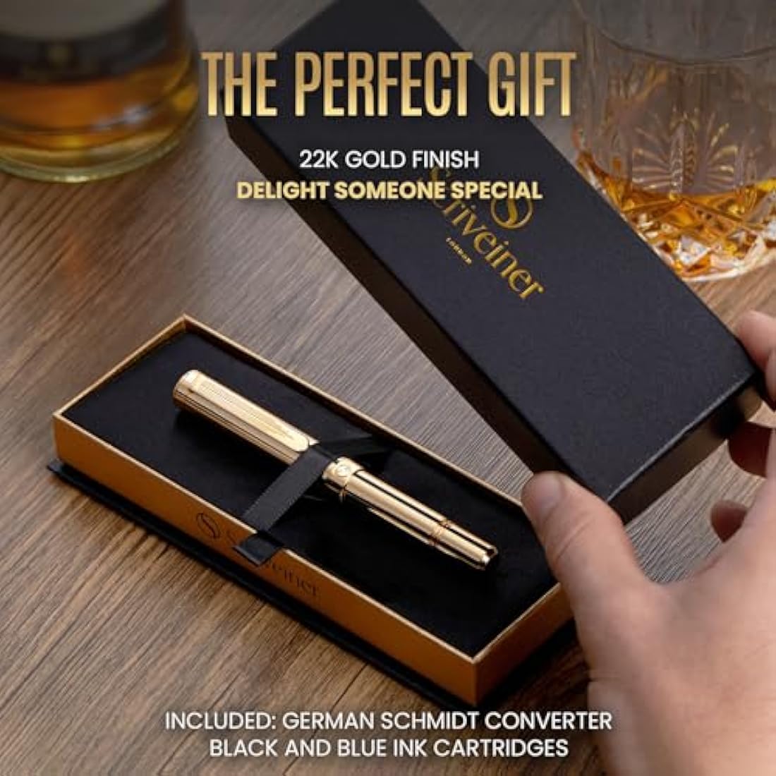Scriveiner Gold Luxury Fountain Pen – Fine Nib Heavy Pocket Pen