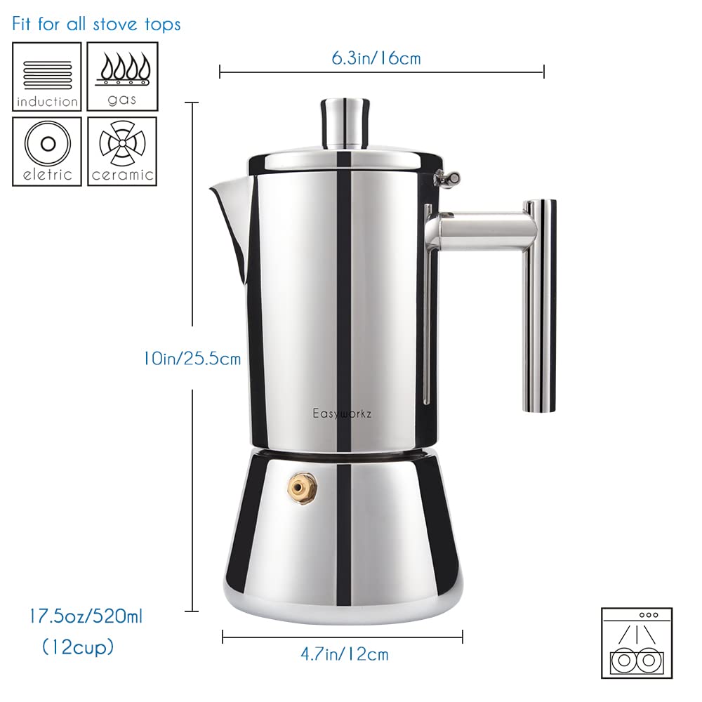 Easyworkz Diego Stovetop Espresso Maker | 12-Cup Stainless Moka Pot