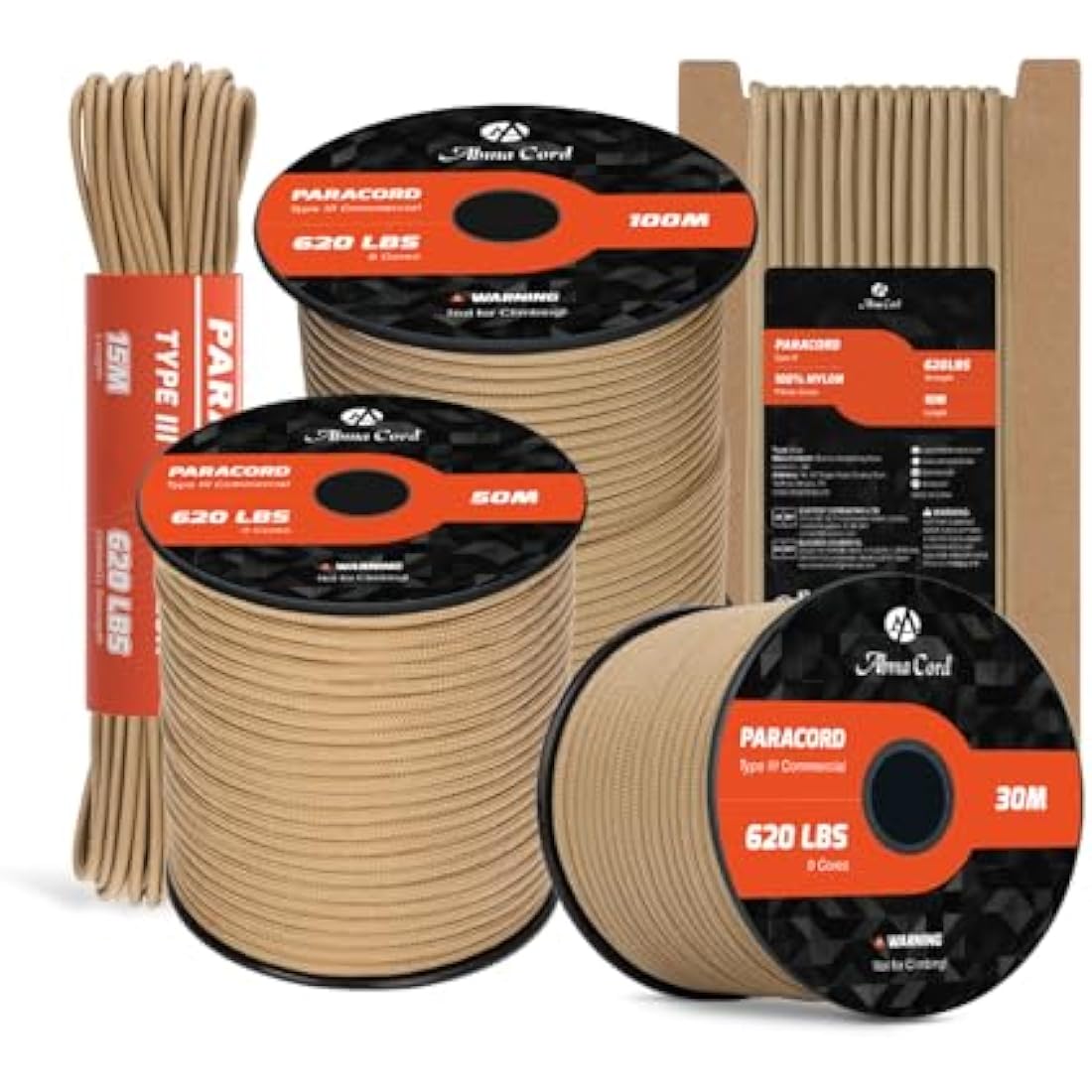 Abma Cord 4mm Type III Nylon Paracord – 9 Strands, 100m, Tan