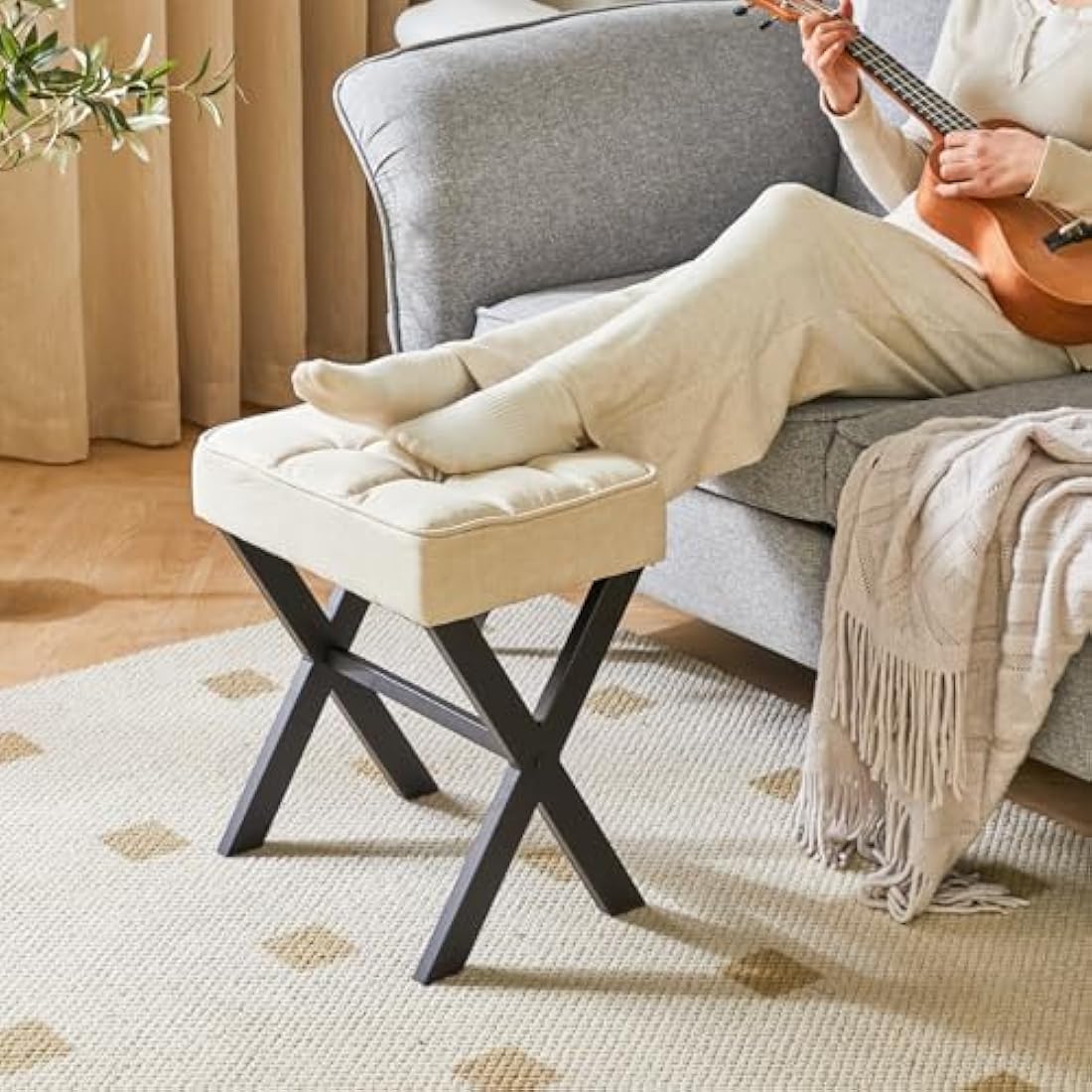 IBUYKE Square Vanity Stool – Linen Ottoman Footrest with Metal X-Legs