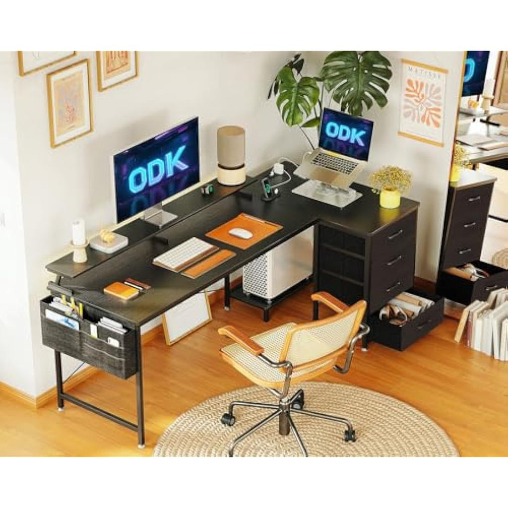 ODK L-Shaped Corner Desk with Drawers, Power Outlets & Monitor Stand