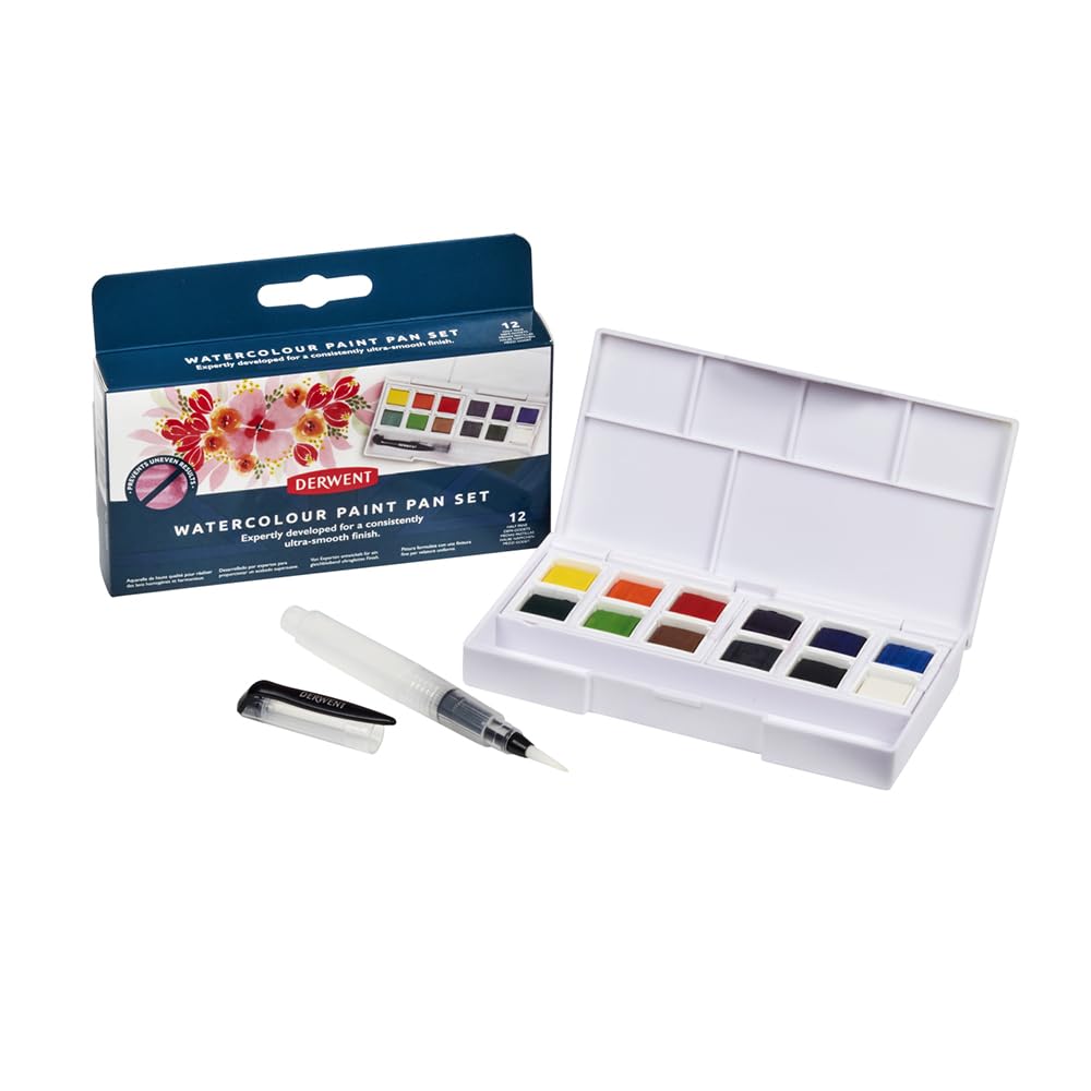Derwent Professional Watercolour Paint Pan Set - 12 Colors with Brush