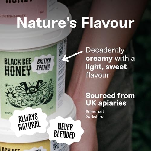 Black Bee Honey – Pure British Soft Set Raw Spring Honey, 1kg Tub