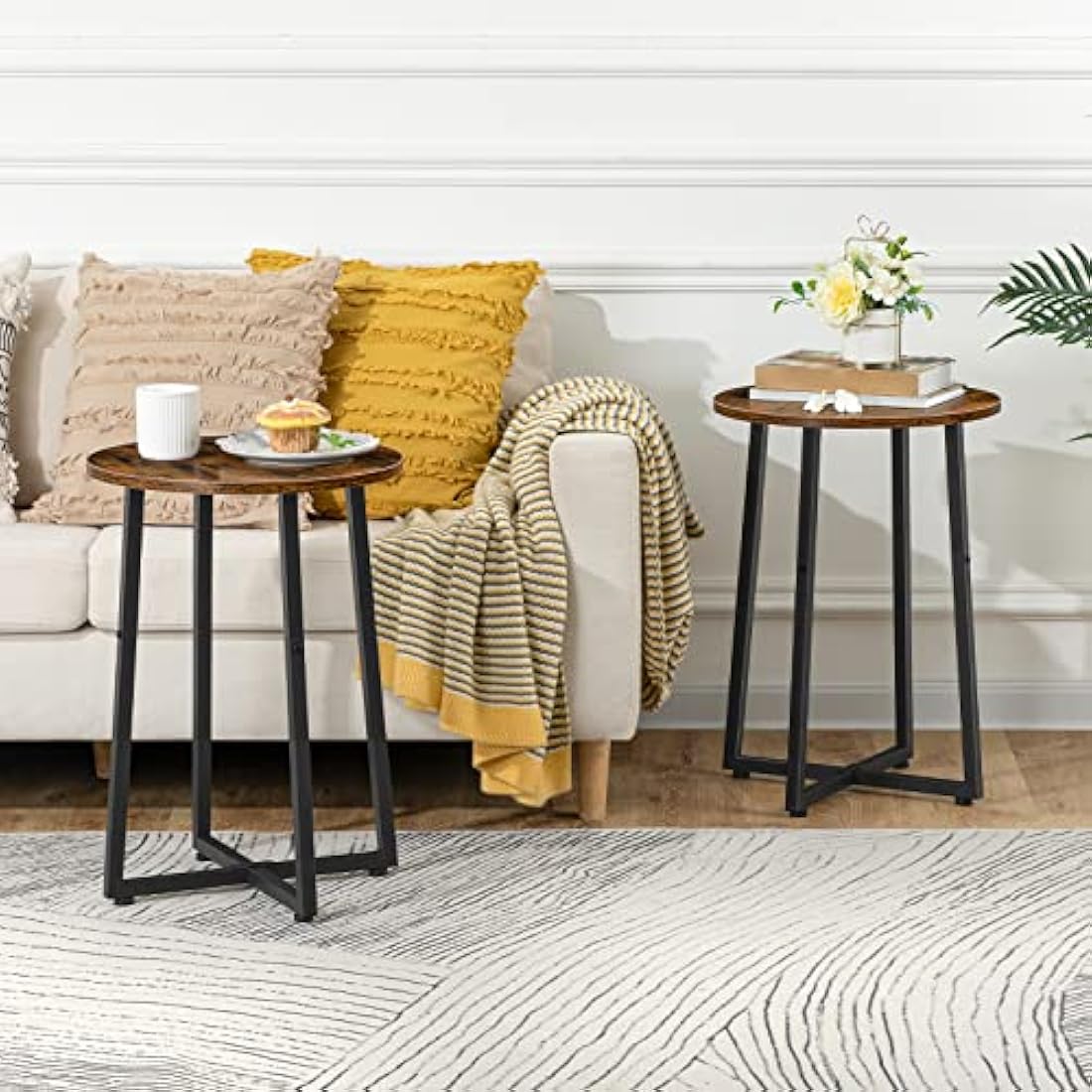HOOBRO Round Side Table – Industrial Rustic Brown Metal End Table