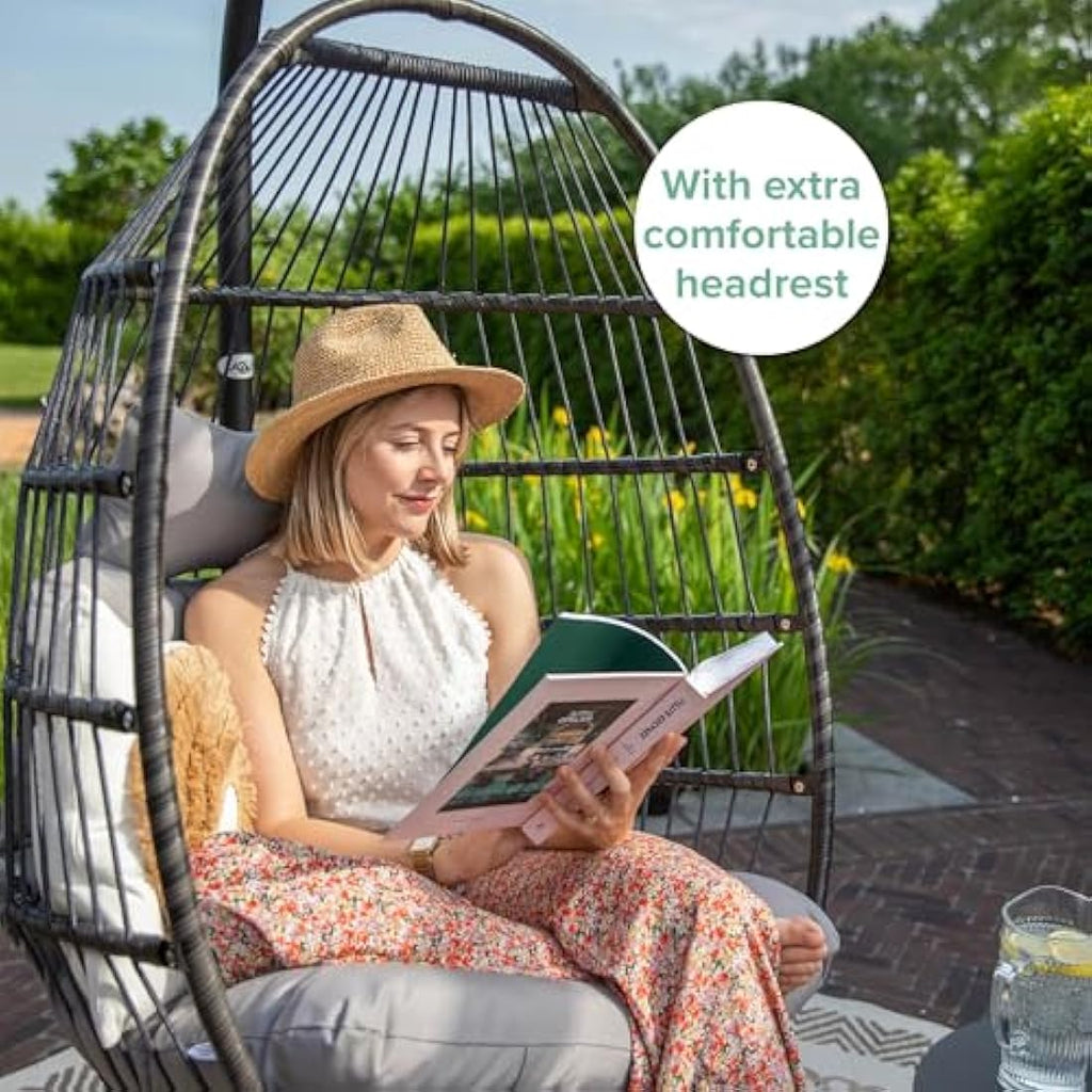 Vita5 Foldable Hanging Egg Chair with Stand | Polyrattan Swing - Light Grey