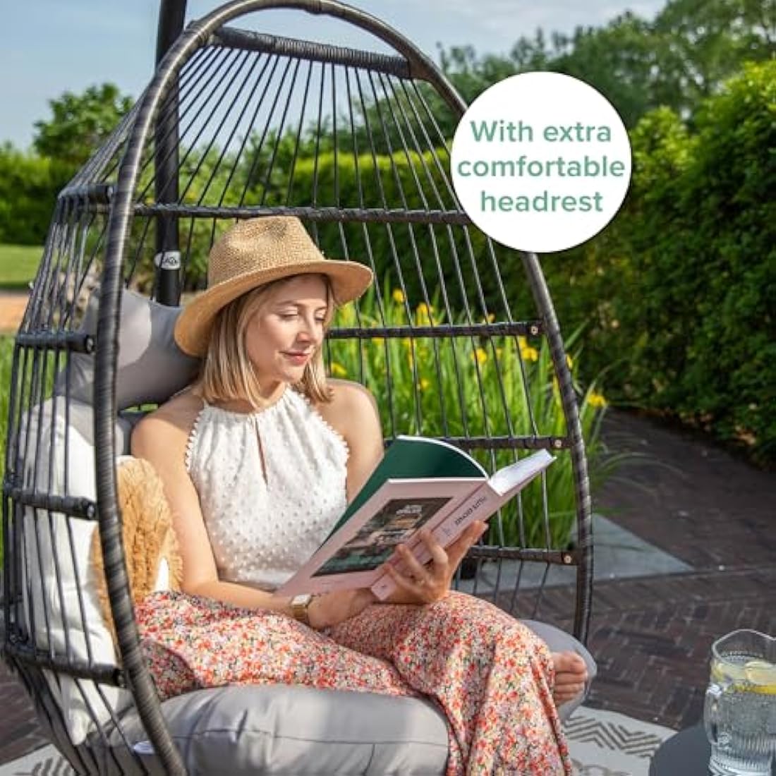 Vita5 Foldable Hanging Egg Chair with Stand | Polyrattan Swing - Light Grey