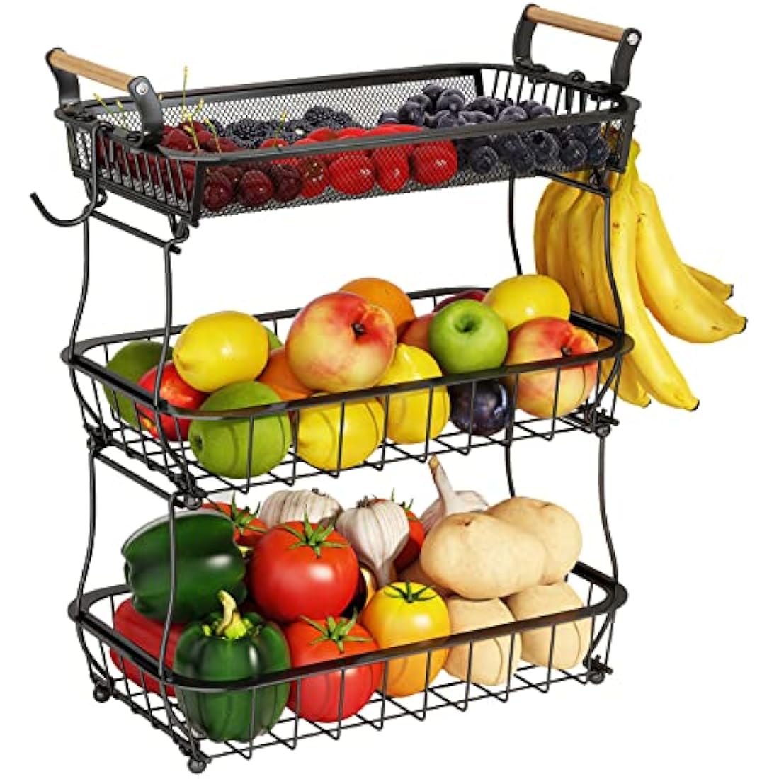 Antopy 3-Tier Fruit Basket with Banana Hangers – Metal Mesh Kitchen Stand