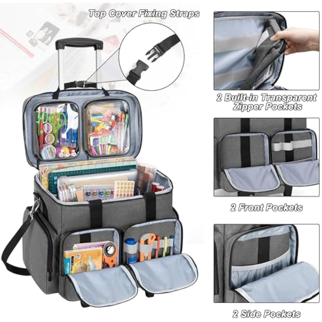 CURMIO Rolling Scrapbook Tote | Wheeled Craft Bag with Laptop Sleeve – Grey