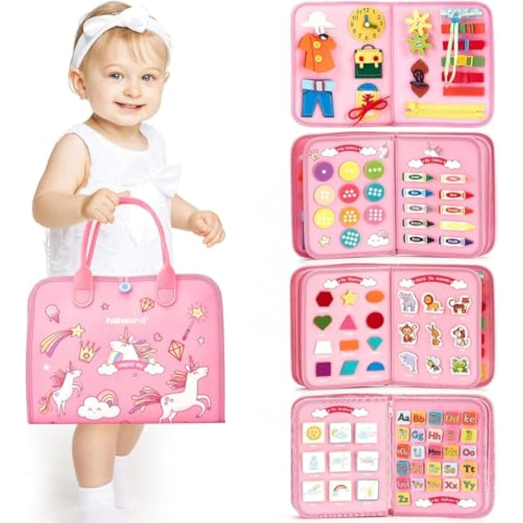 Hahaland Montessori Busy Board - 21-in-1 Sensory Travel Toy - Pink Unicorn