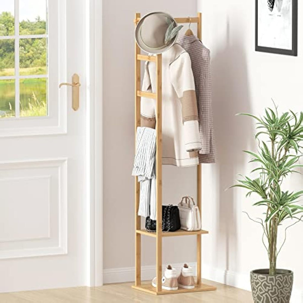 unho Bamboo Corner Coat Rack – Free Standing Hall Tree with 2 Shelves