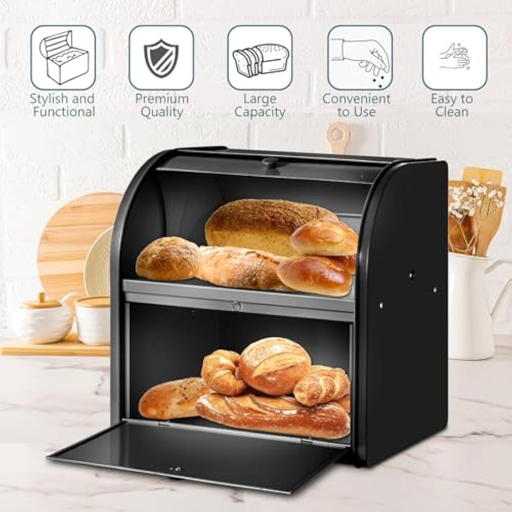Dyserbuy 2-Layer Large Bread Bin | Black Stainless Steel Roll Top Box