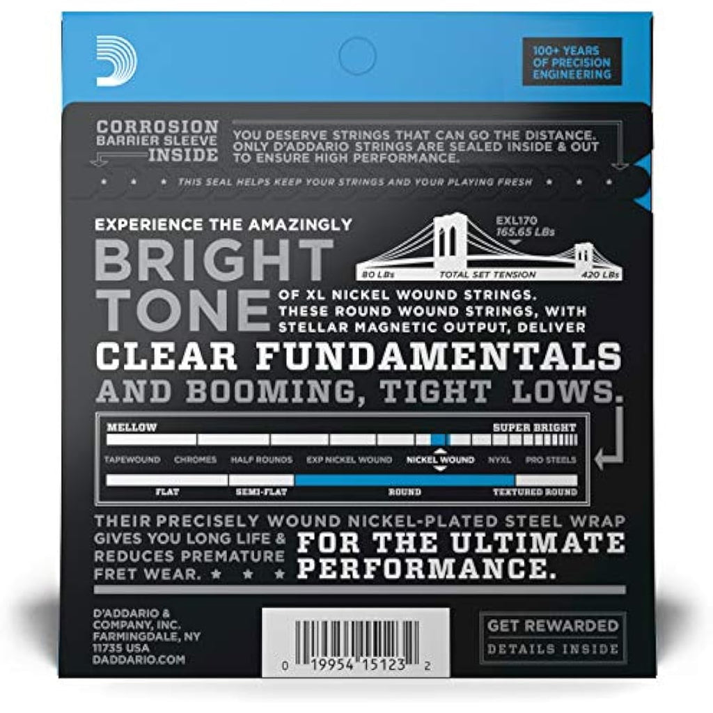 D'Addario EXL170 XL Nickel Bass Guitar Strings | Regular Light 45-100