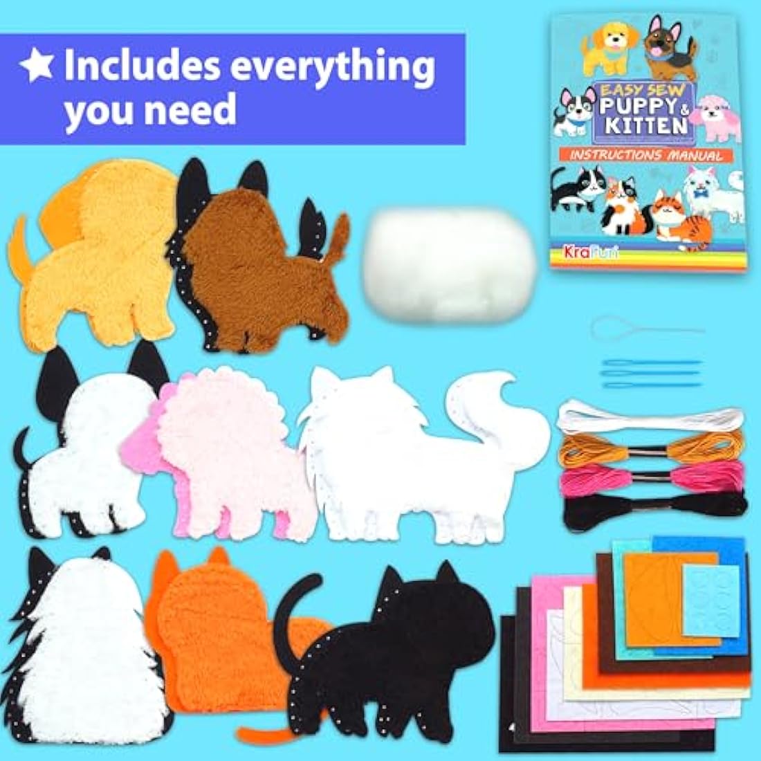 KRAFUN Kids Sewing Kit – 8 DIY Stuffed Animal Dolls Felt Craft Set