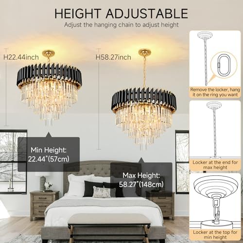 AOOCHOK Modern Crystal Chandelier – Black and Gold Round Pendant Light