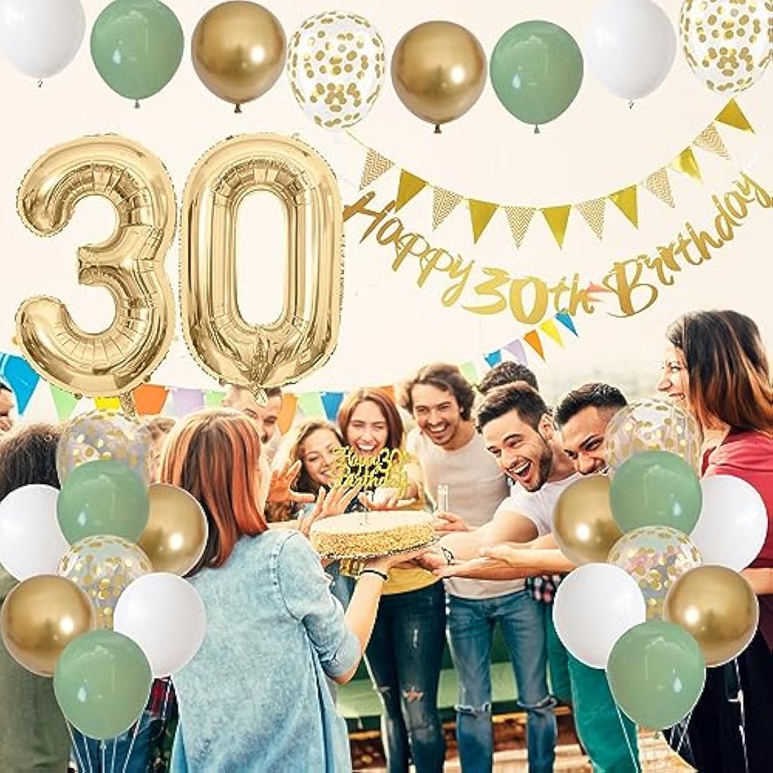 30th Birthday Decorations – Sage Green and Gold Party Kit
