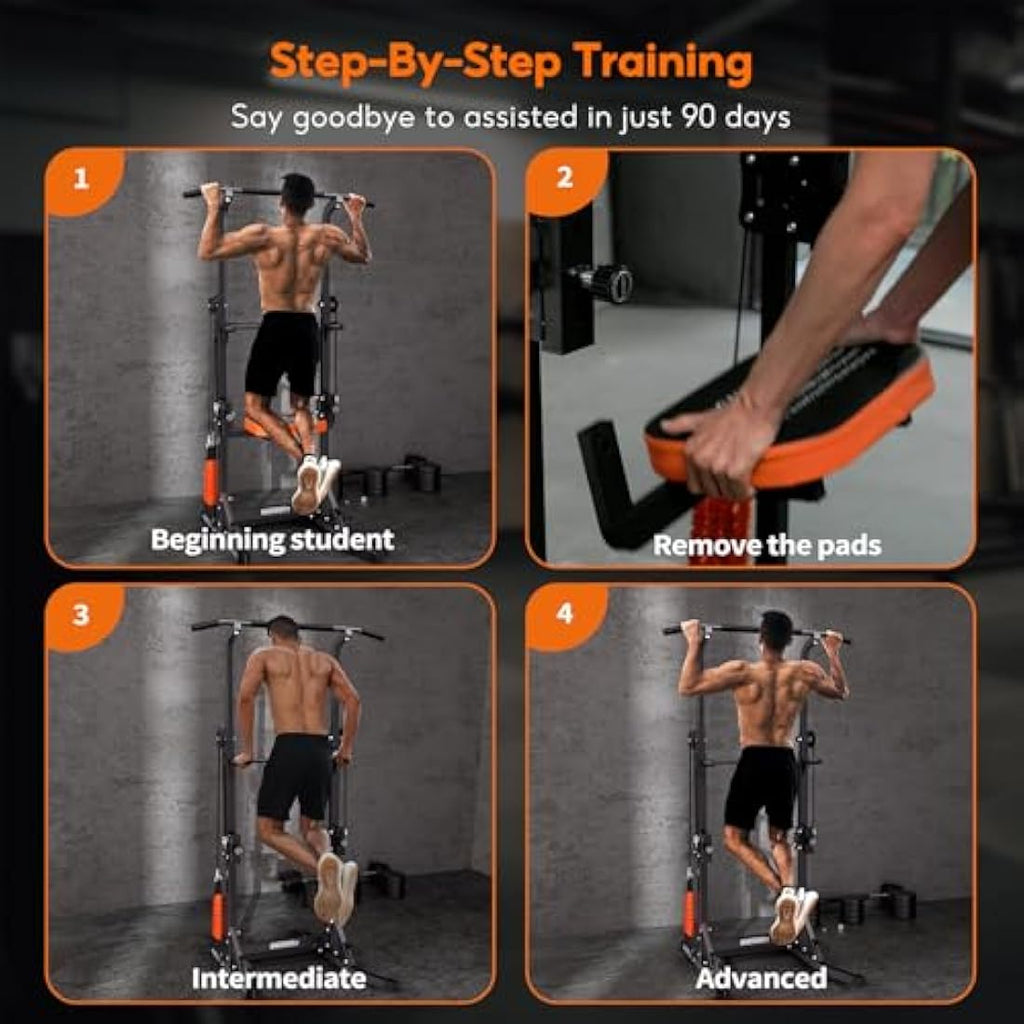 ONETWOFIT Assisted Power Tower – Foldable Pull Up Bar Station for Home Gym