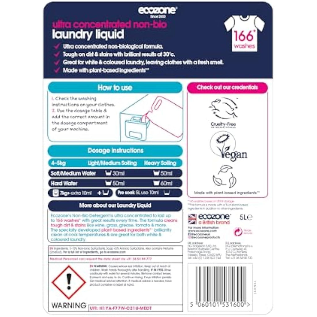 EcoZone Non Bio Laundry Liquid – Natural Vegan Detergent, 5L (166 Washes)