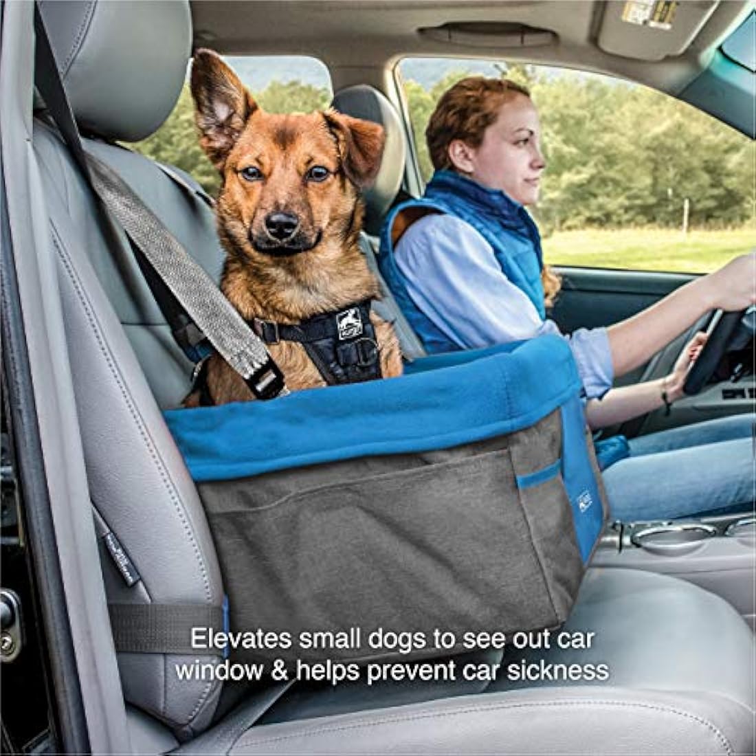 Kurgo Heather Dog Car Booster Seat – Collapsible Grey/Blue Fleece