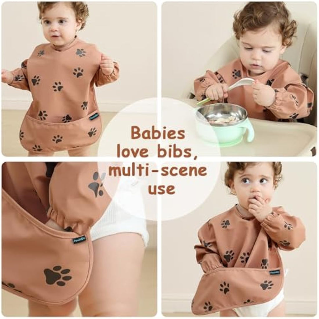 PewinGo Long Sleeve Weaning Bib | Waterproof PU Baby Coverall – Orange