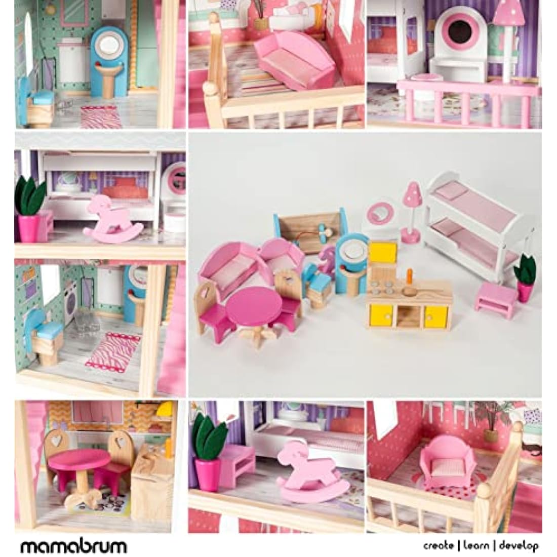 Mamabrum 3-Story Wooden Dollhouse with LED Lights & Furniture