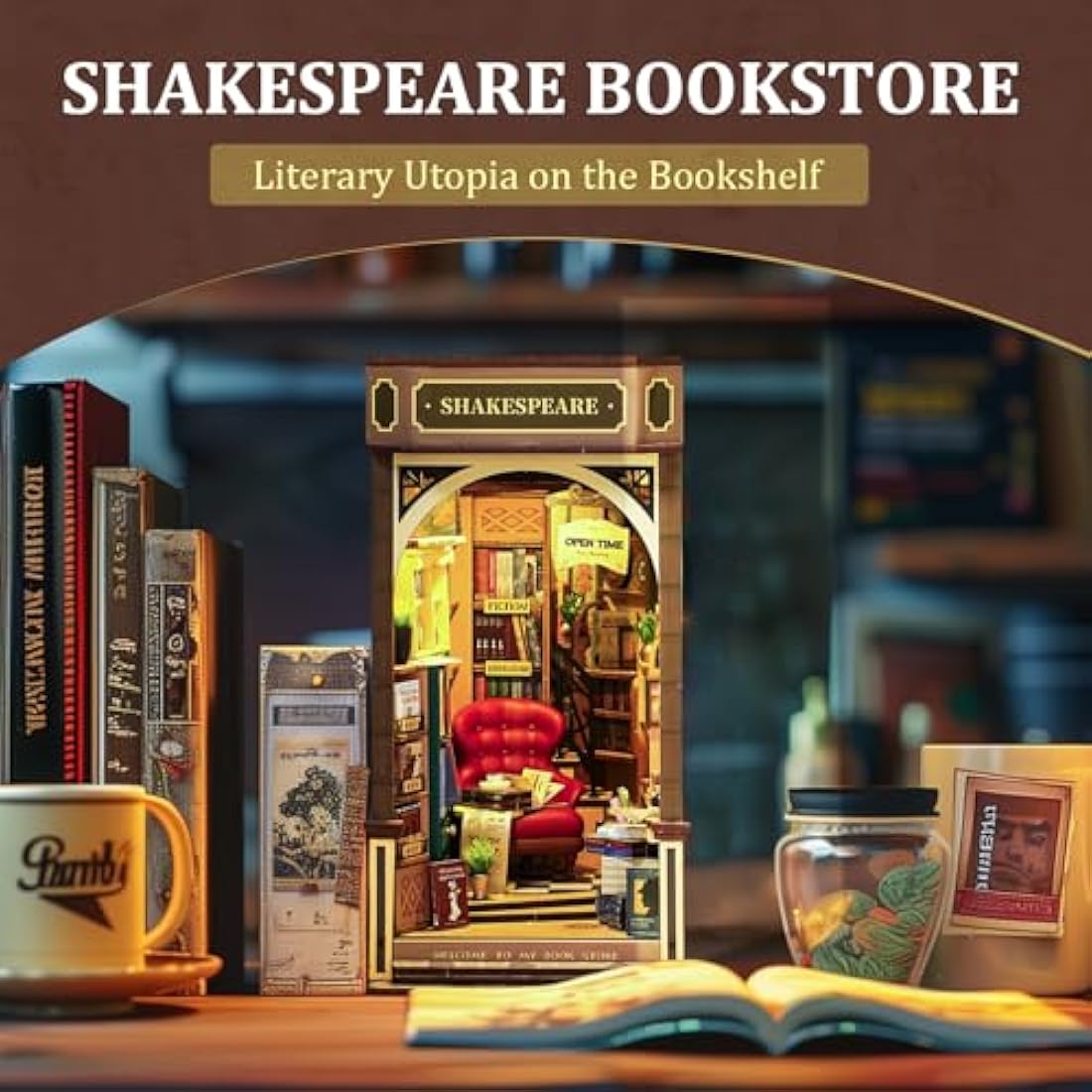 ROBOTIME Shakespeare Bookstore Book Nook Kit – 3D Wooden Puzzle with LED