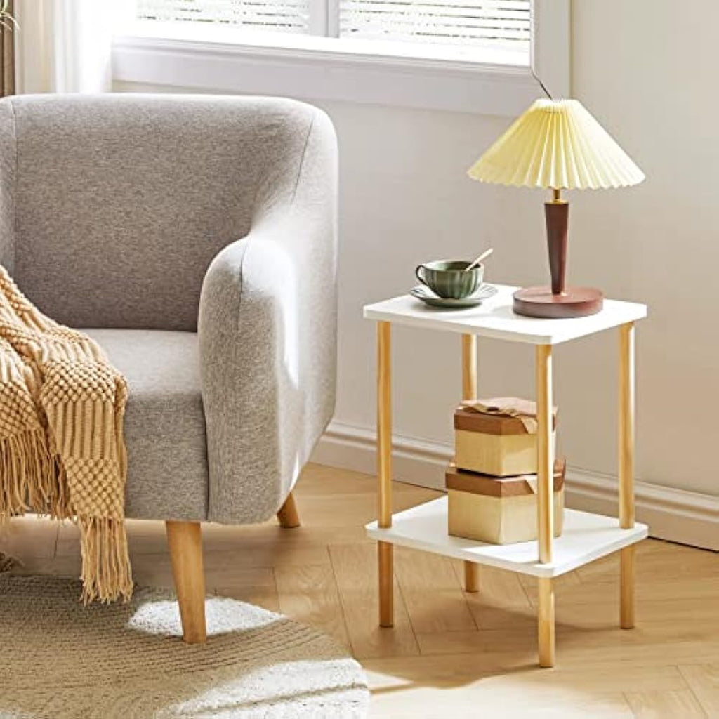IBUYKE 2-Tier Wood Side Table – Narrow Nightstand with Storage, White