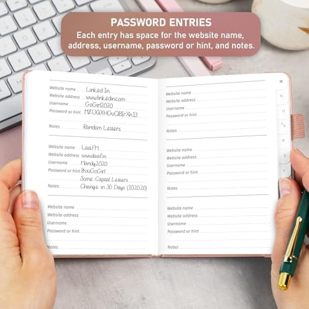GoGirl Password Book with Alphabetical Tabs – Rose Gold Logbook