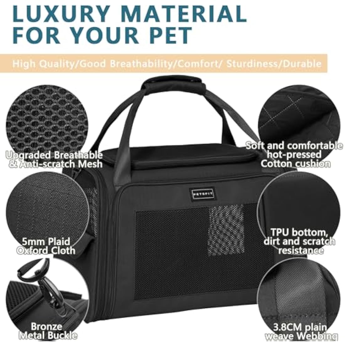 Petsfit Pet Carrier – Large Oxford Fabric Dog & Cat Travel Bag, Black