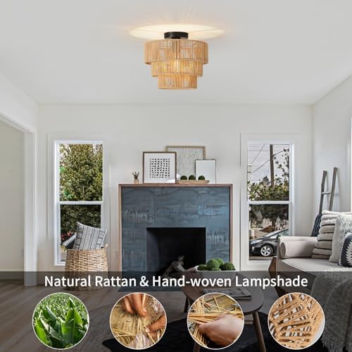 FORCOSO 3-Layer Rattan Ceiling Light – Boho Handwoven E27 Chandelier