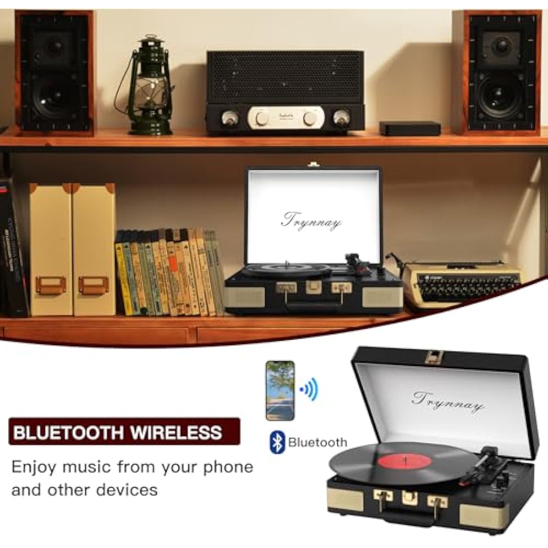 Trynnay 3-Speed Bluetooth Record Player | Portable Waxed Leather Turntable