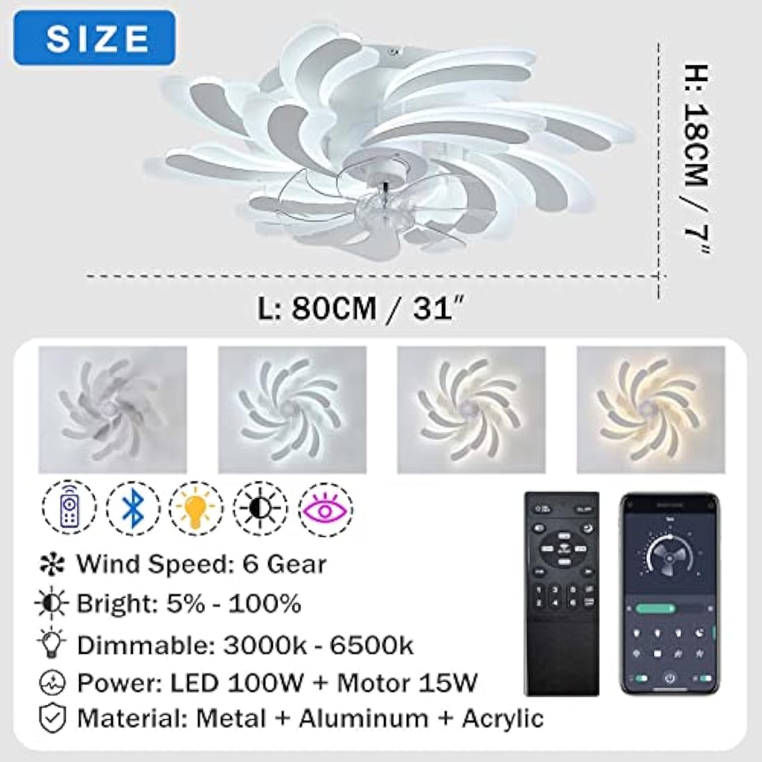 YUNZI 50W Modern LED Ceiling Fan | 80CM Dimmable Quiet Fan with Light