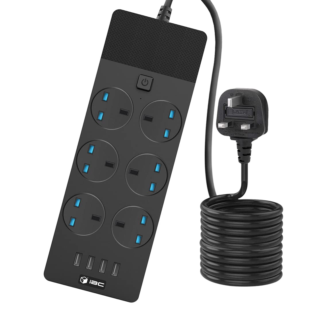 iBlockCube 6 Gang Extension Lead with 4 USB Slots & Surge Protection - 2M