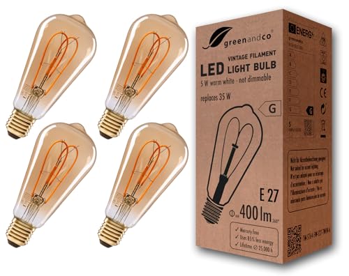 greenandco E27 ST64 Vintage LED Filament Bulb - 2000K Warm White 4-Pack