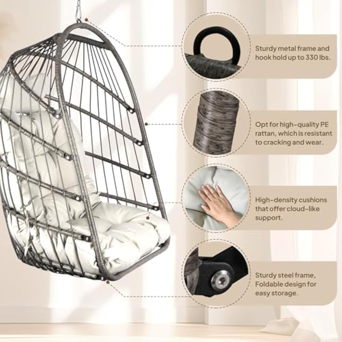 Chihee Foldable Wicker Egg Chair with Stand | Hanging Swing for Patio