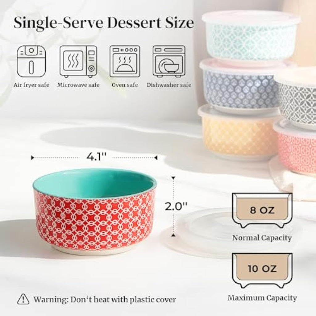 DOWAN 8 oz Ceramic Ramekins with Lids - 6 Pack Porcelain Baking Dishes