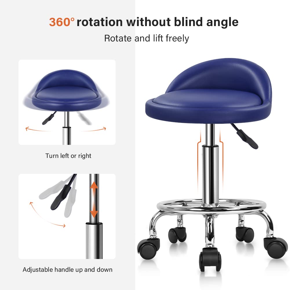 KKTONER Blue PU Leather Rolling Stool - Adjustable Swivel SPA Chair