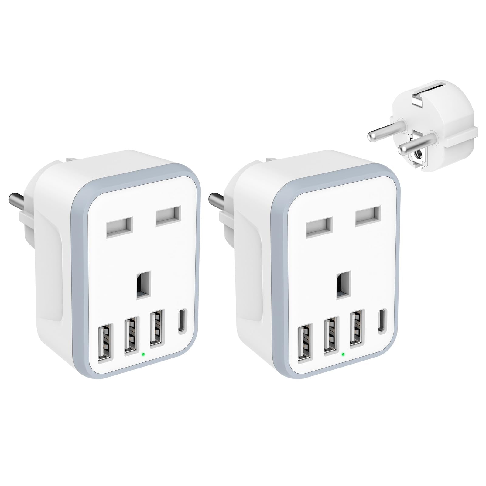 Loydia 2-Pack UK to EU Travel Adapter | 5-in-1 Schuko Plug with 4 USB