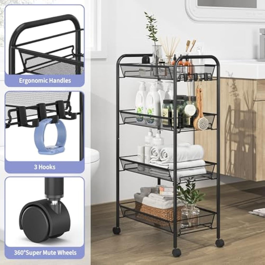 APEXCHASER 4-Tier Metal Rolling Utility Cart | Mobile Storage Trolley, Black