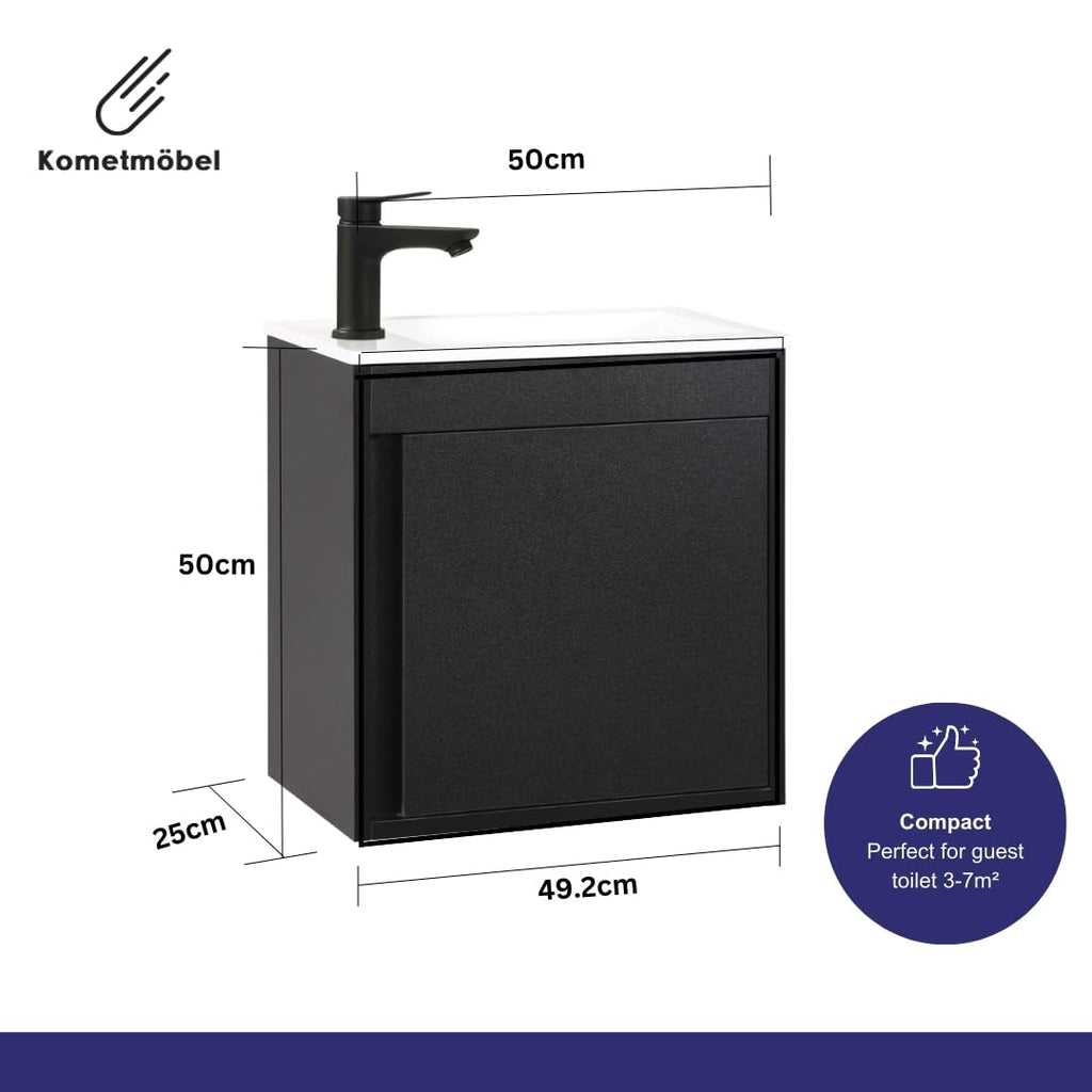 Kometmöbel Cloakroom Vanity Unit With Wash Basin Bathroom Vanity 50cm Wall Hung Black Without Tap, 500mm