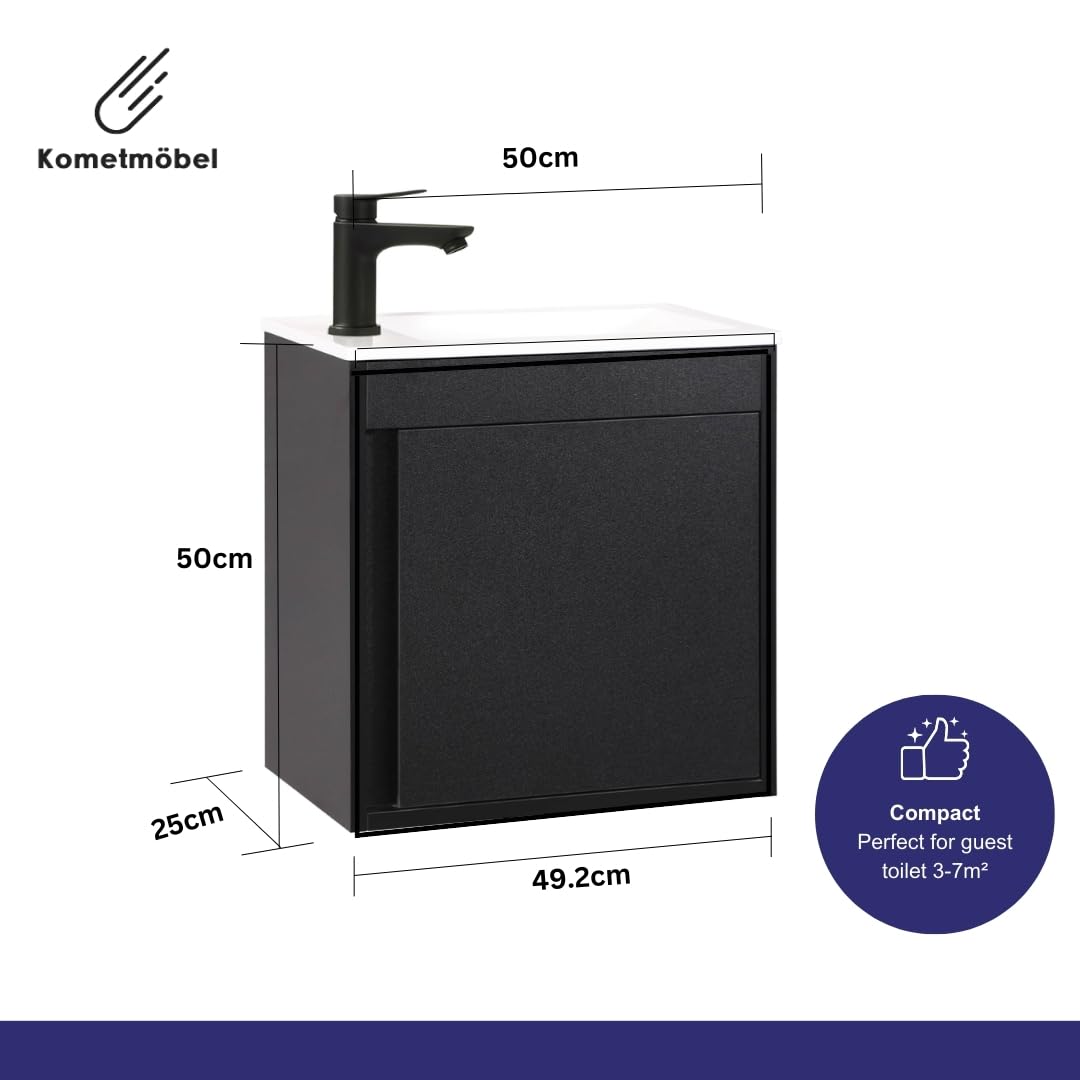Kometmöbel Cloakroom Vanity Unit With Wash Basin Bathroom Vanity 50cm Wall Hung Black Without Tap, 500mm