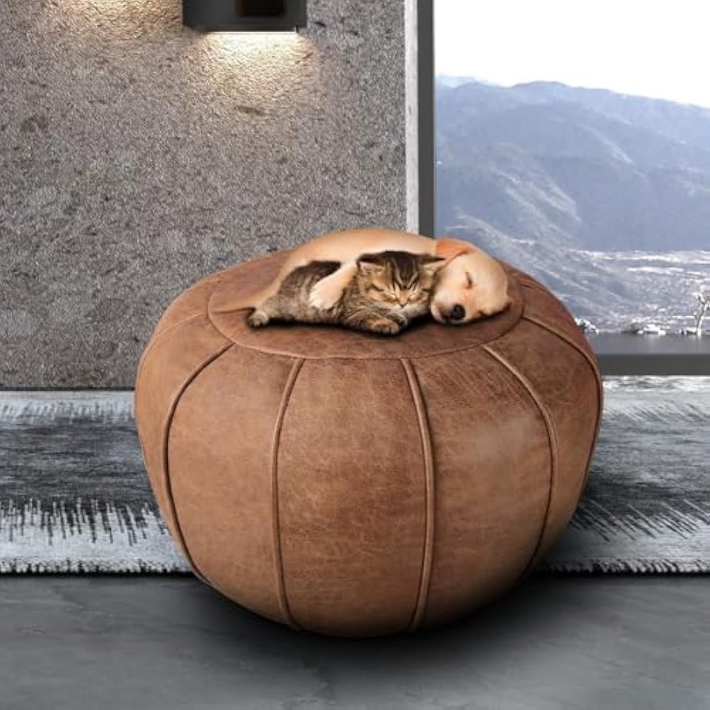Louis Donné Round Faux Leather Pouf Ottoman Cover - Cognac Brown