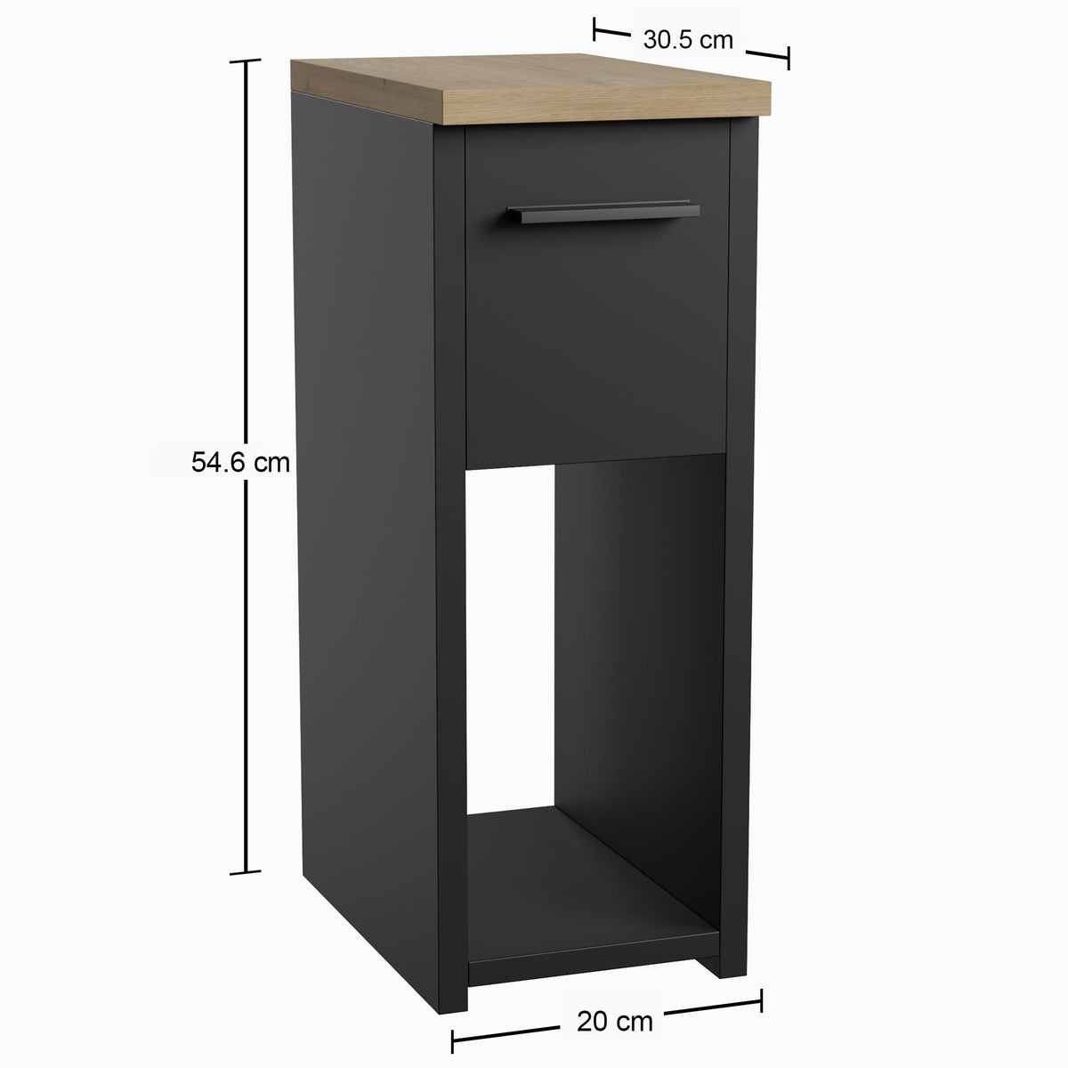 ComfortCove Narrow Bedside Table with Storage Shelf & Handle, Black/Oak - image 3