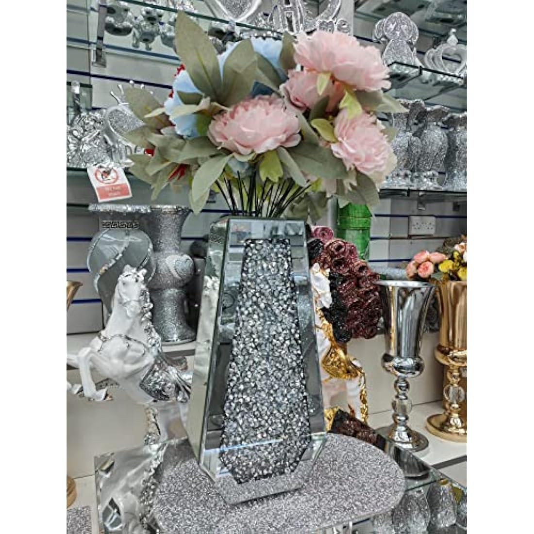 Jolof Store Silver Crushed Diamond Mirrored Floor Vase – 40cm Sparkle
