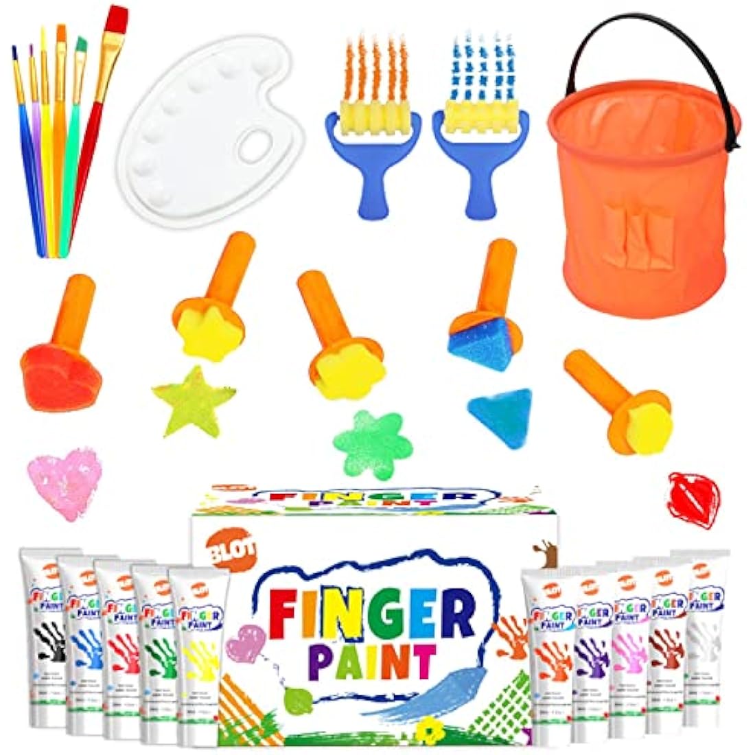 BLOT Washable Finger Paint Set for Kids – 10 Colors with 15 Tools