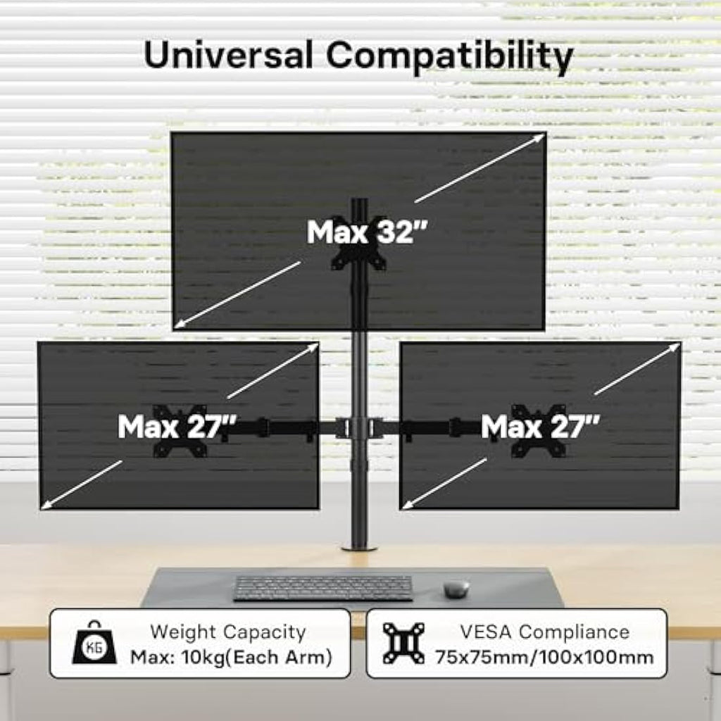 Bontec Triple Monitor Halterung – 3 Monitore, 13-32 Zoll, VESA 75/100