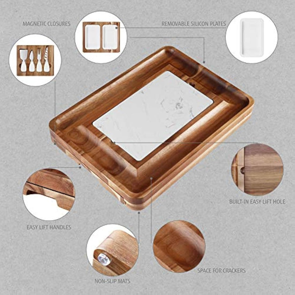 hecef Acacia Wood Charcuterie Board Set with Marble Slate and Cutlery