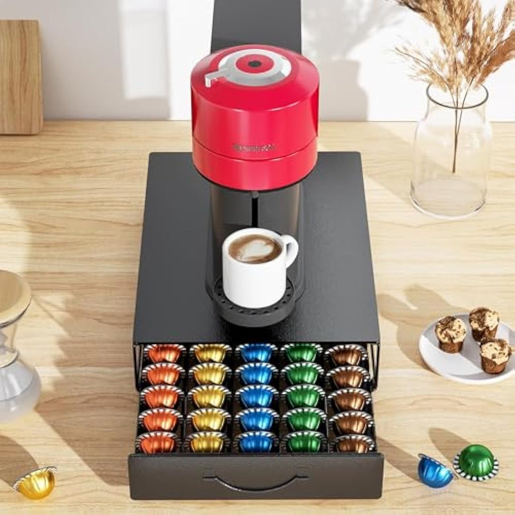 HFHOME Metal Coffee Pod Holder – 50 Capsule Drawer for Nespresso Vertuo