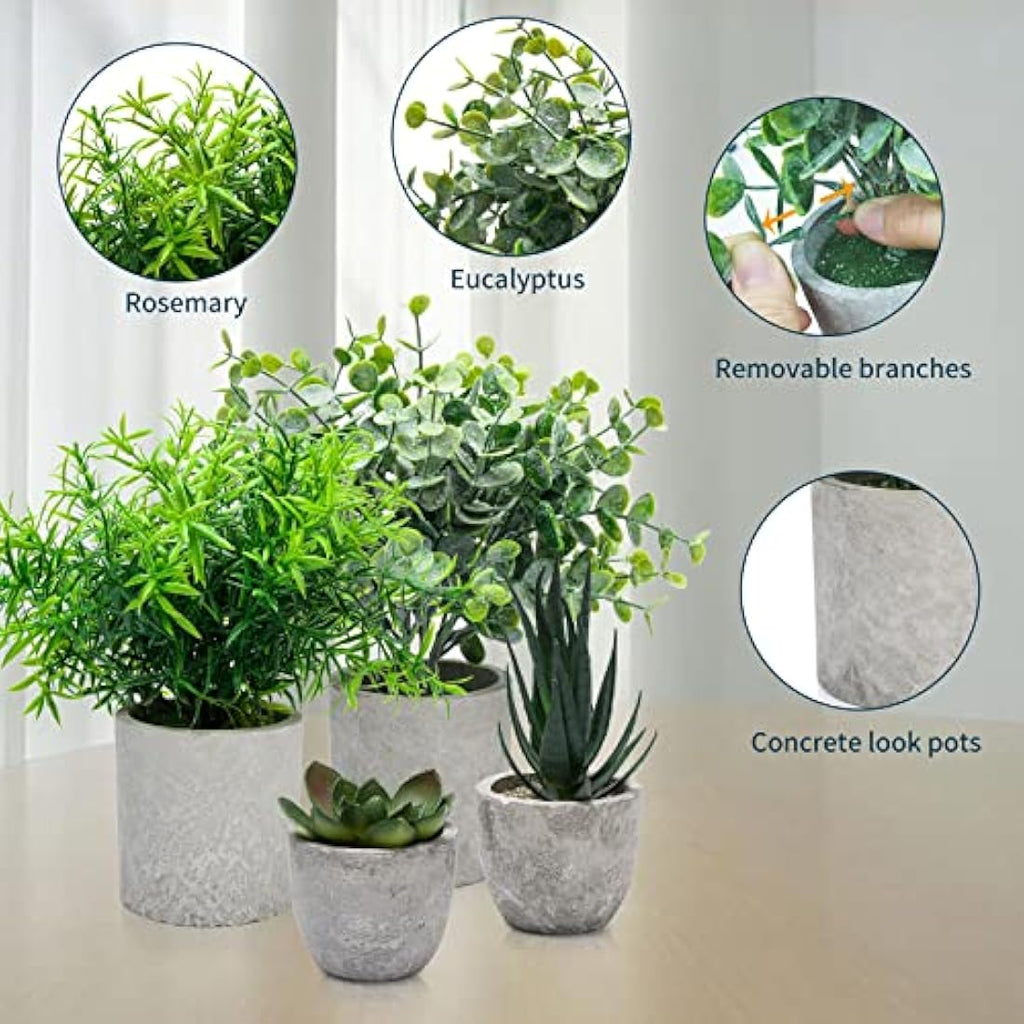 Jolof Store 4-Pack Artificial Potted Plants – Faux Eucalyptus & Succulents