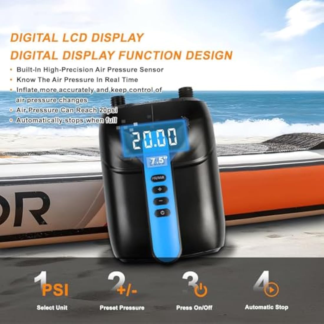 20PSI Electric SUP Pump - 12V Dual Stage Paddle Board Inflator