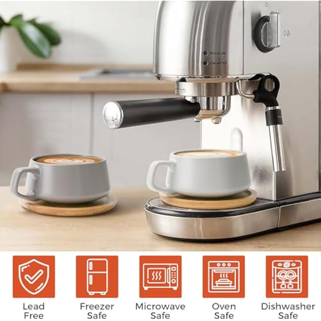 MIAMIO Ceramic Coffee Cup Set with Bamboo Saucers - 320ml Luxe Collection
